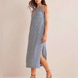 Boden Racer Neck Jersey Midi Dress Blue Heron Pattern Size 14